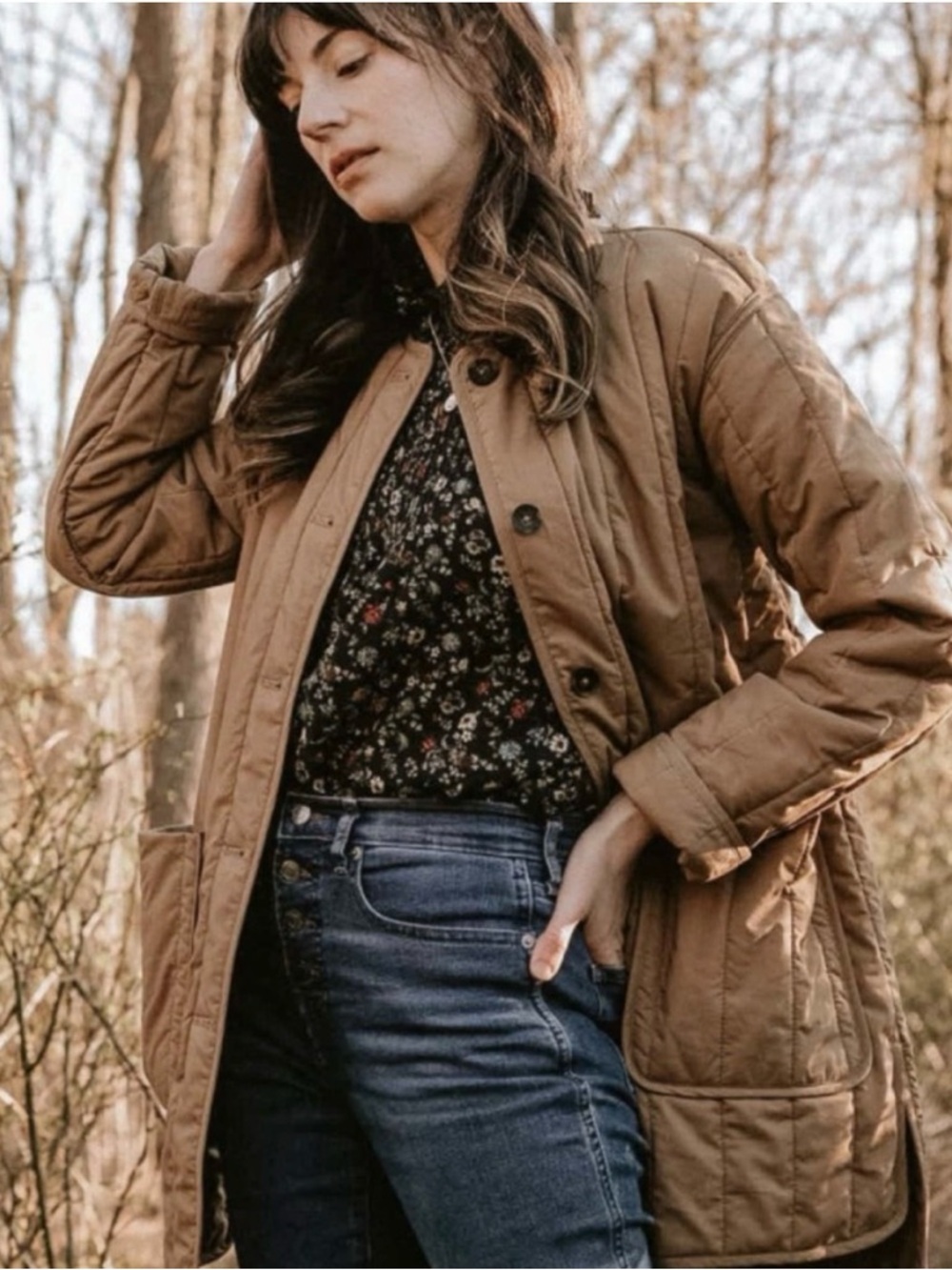 Everlane quilted channel jacket tan